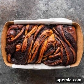 A beautiful overhead shot of a freshly baked chocolate babka, rich with swirls of chocolate, ready to be enjoyed.