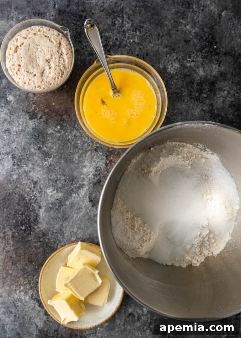 Overhead process shot: Ingredients laid out on a counter for making the babka dough, including flour, sugar, yeast, milk, and eggs.