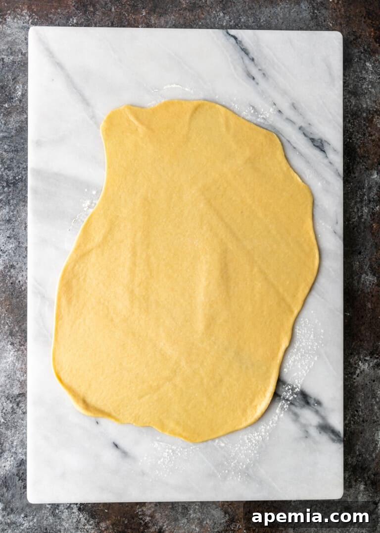 Overhead process shot: Babka dough rolled out into a rectangle on a floured marble cutting board.