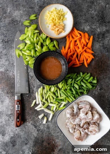 Step-by-step image showing how to prepare ingredients for shrimp and snow peas.