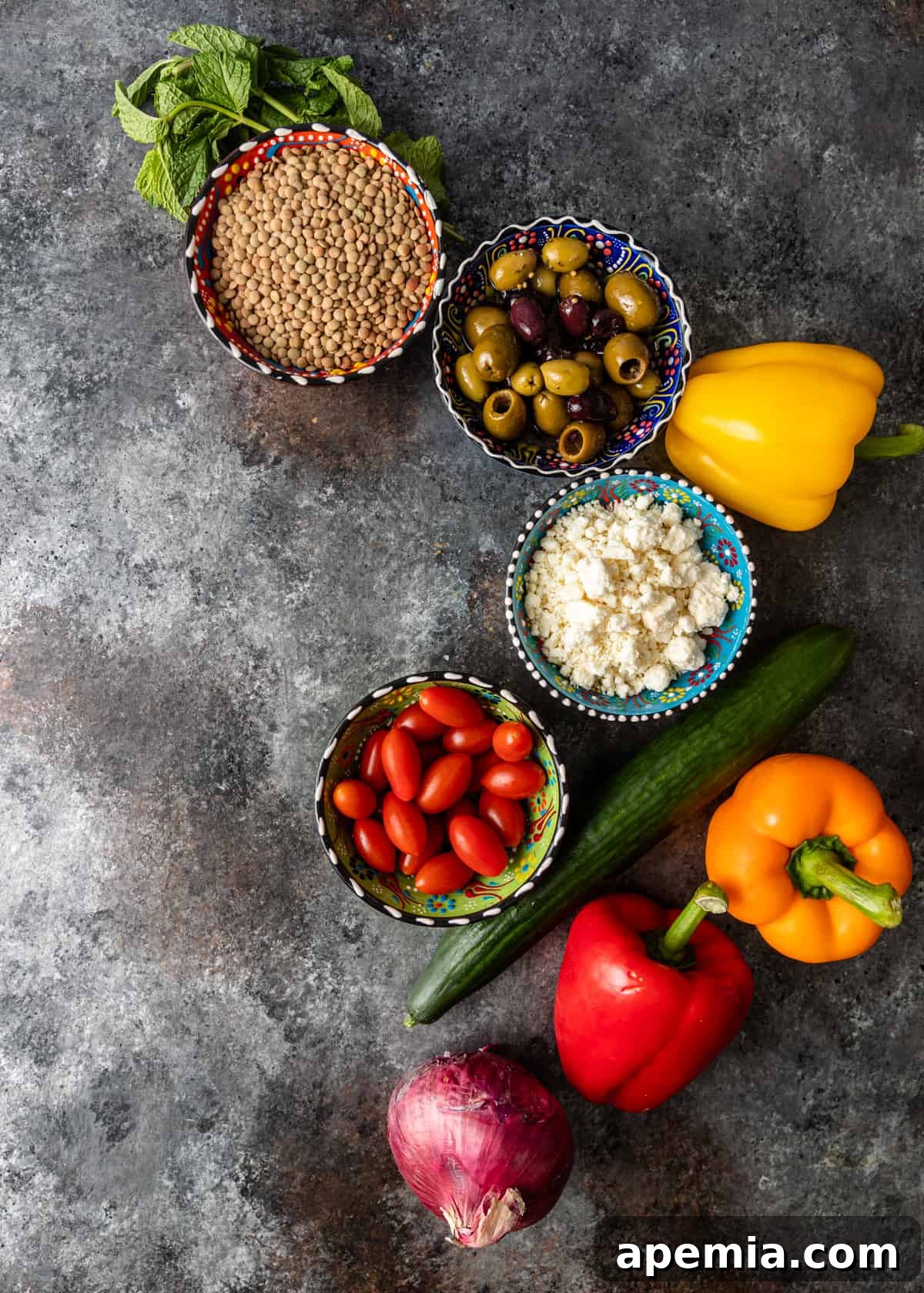 overhead process shot: ingredients to make lentil salad recipe