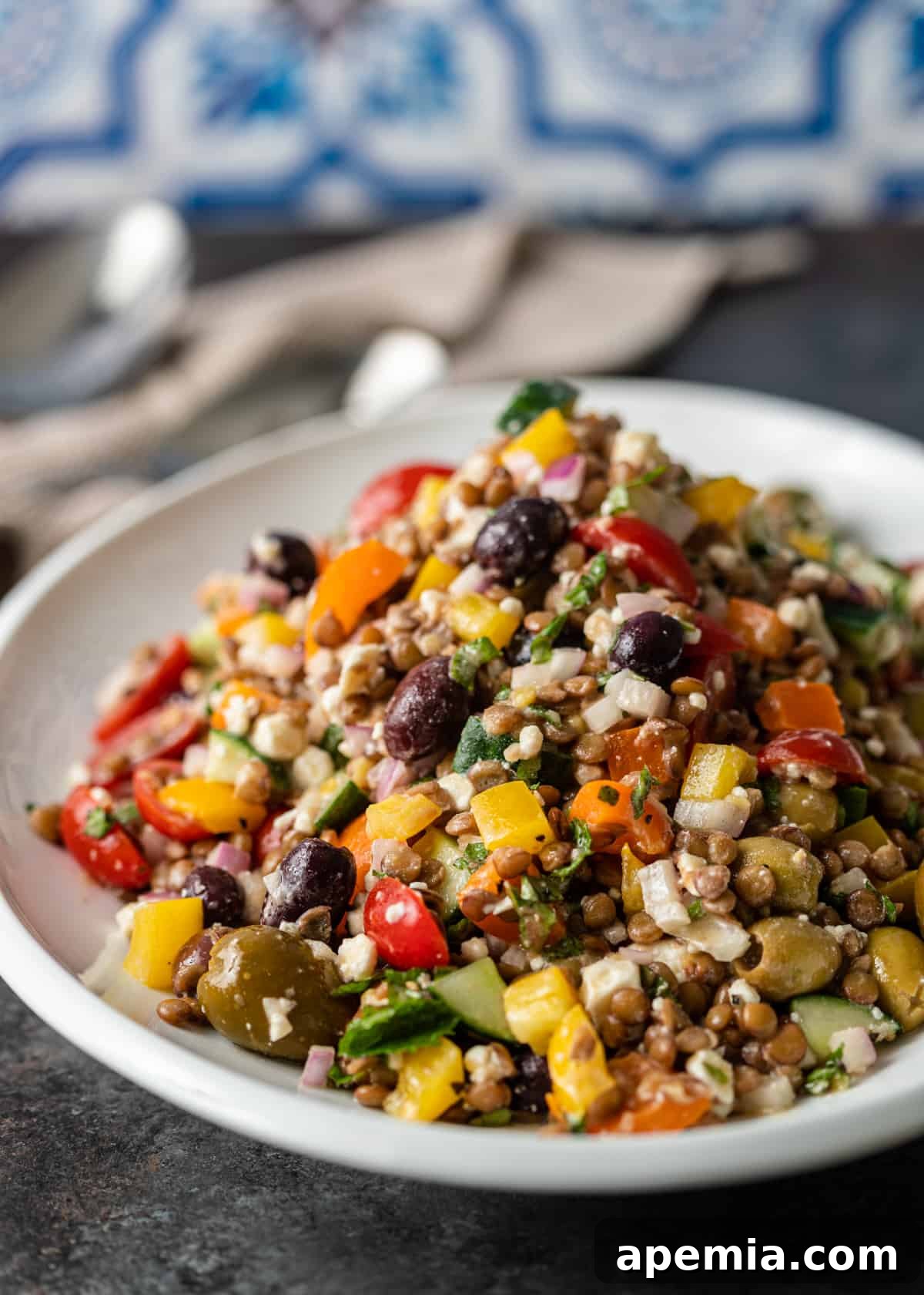 closeup side view: lentil salad in white bowl on countertop