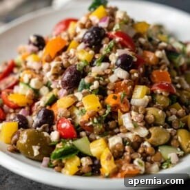 Greek Lentil Salad in a white bowl