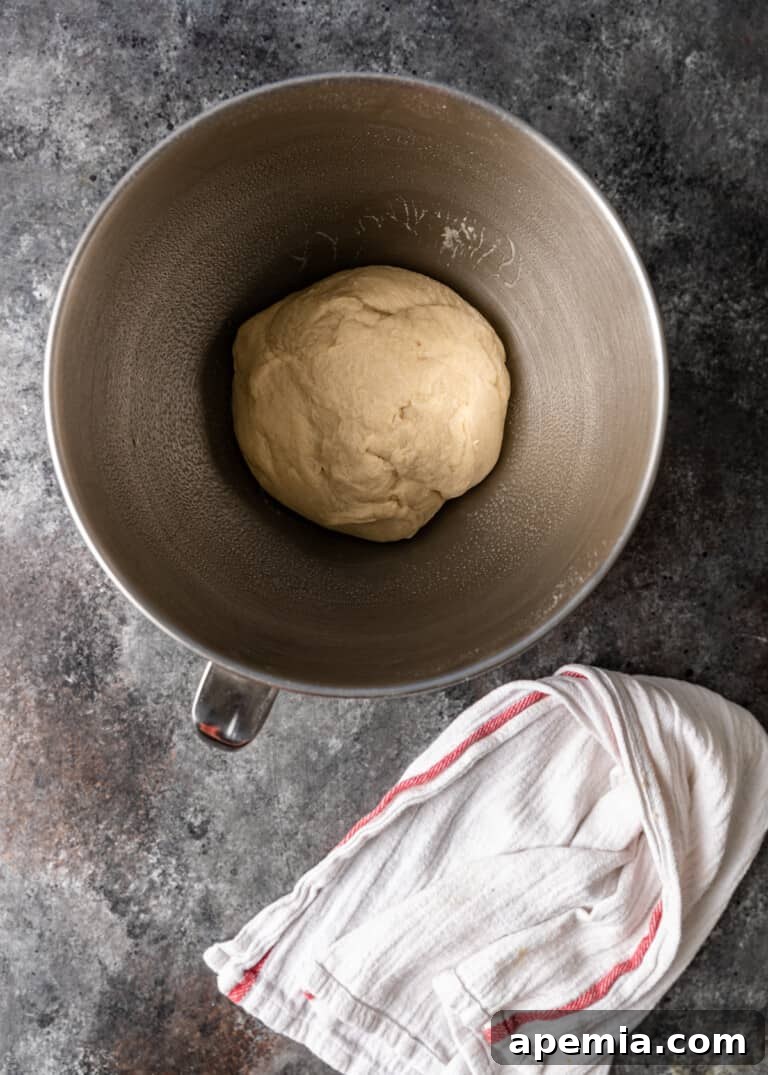 overhead process shot: dough ball resting in a bowl for my fatayer recipe