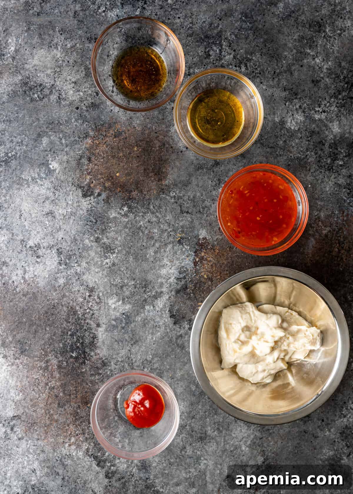 overhead process shot: ingredients for bang bang sauce laid out