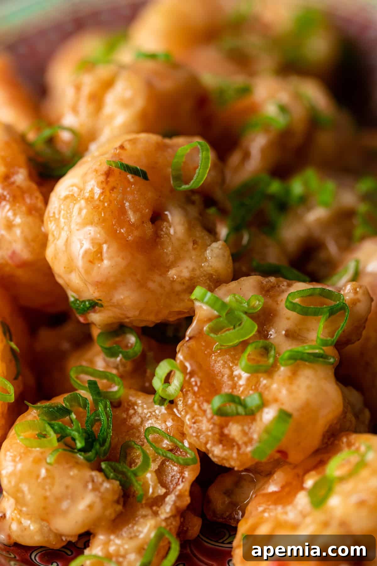 closeup: bang bang shrimp with sliced green onions