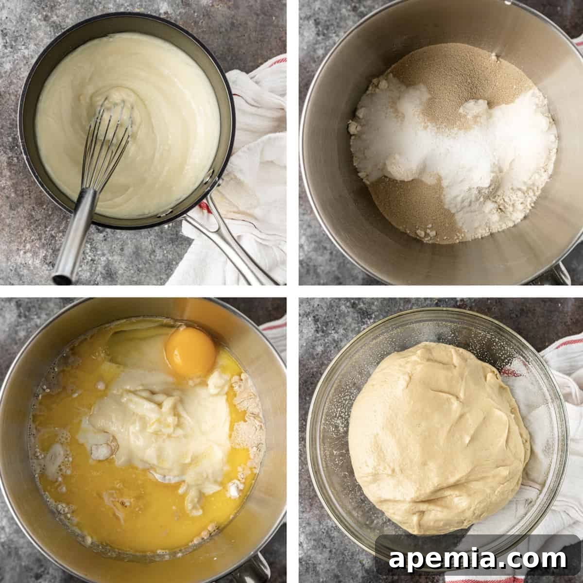 4 photo collage shows steps to make dough for my char siu bao recipe
