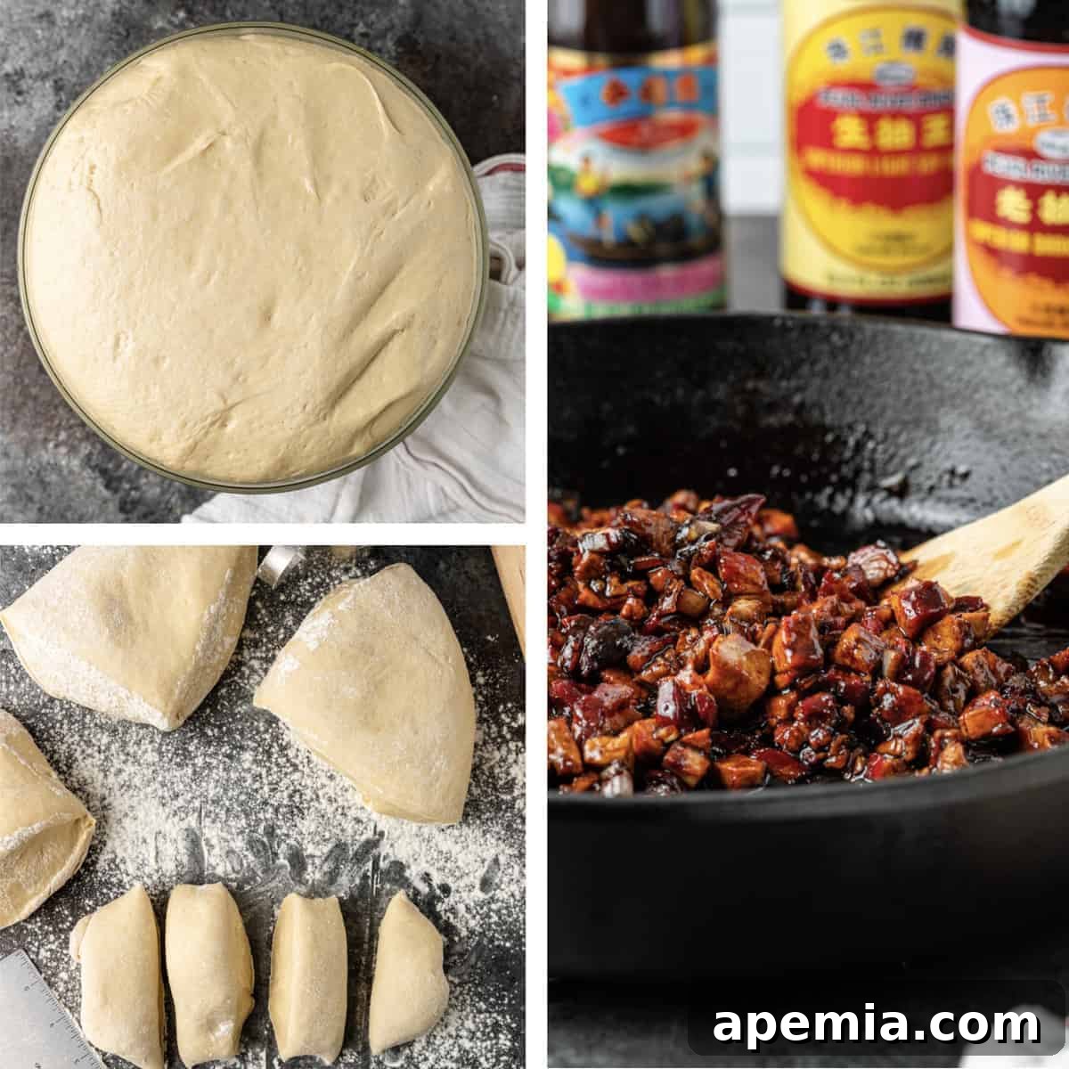 photo collage with steps for creating char siu filling for my char siu bao recipe