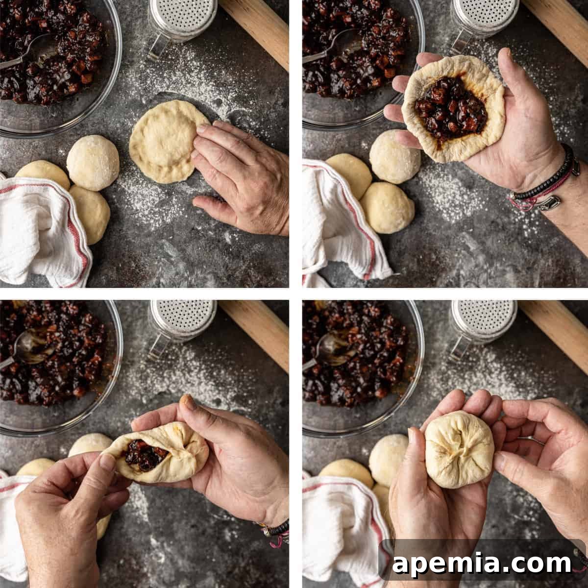 4 photo collage shows how to add filling to baked char siu bao