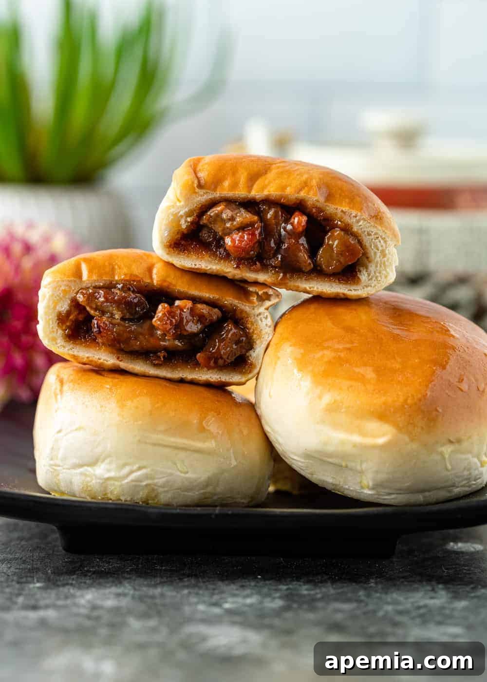 side view: photo shows inside of baked char siu bao