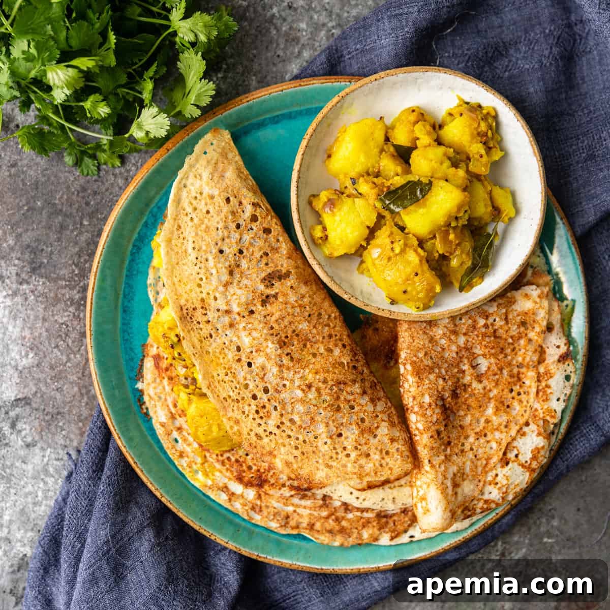 overhead: folded dosa on a plate with potatoes to the side