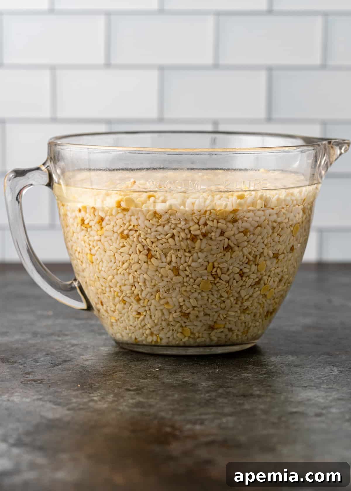 side view: rice soaking in a clear dish