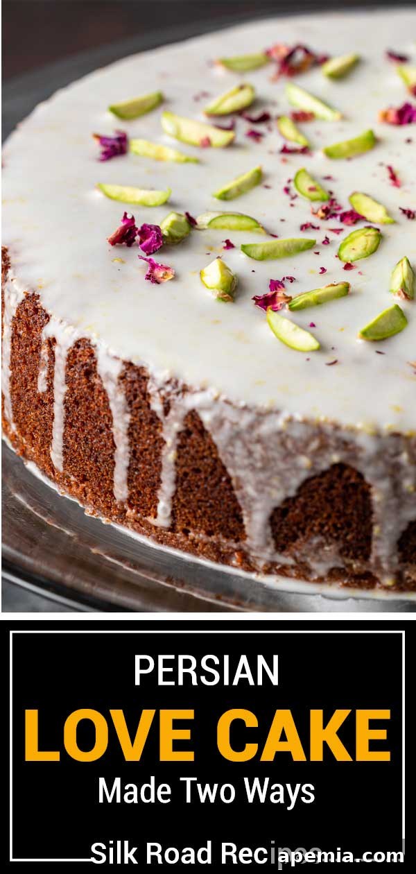 Titled image showing Persian Love Cake prepared two ways: one with syrup and one with icing, side by side.