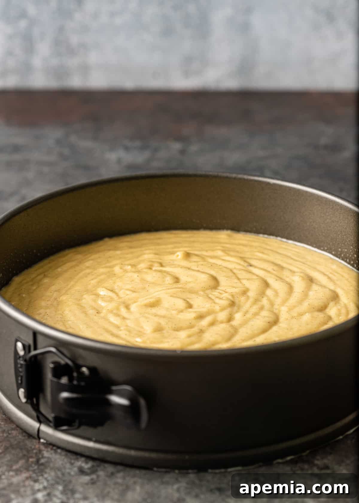 Side view process shot: a springform pan filled with smooth, unbaked cake batter, ready for the oven.