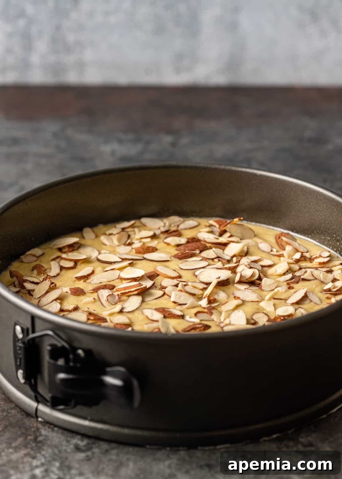 Side view process shot: cake batter in a pan, topped generously with sliced almonds before baking.