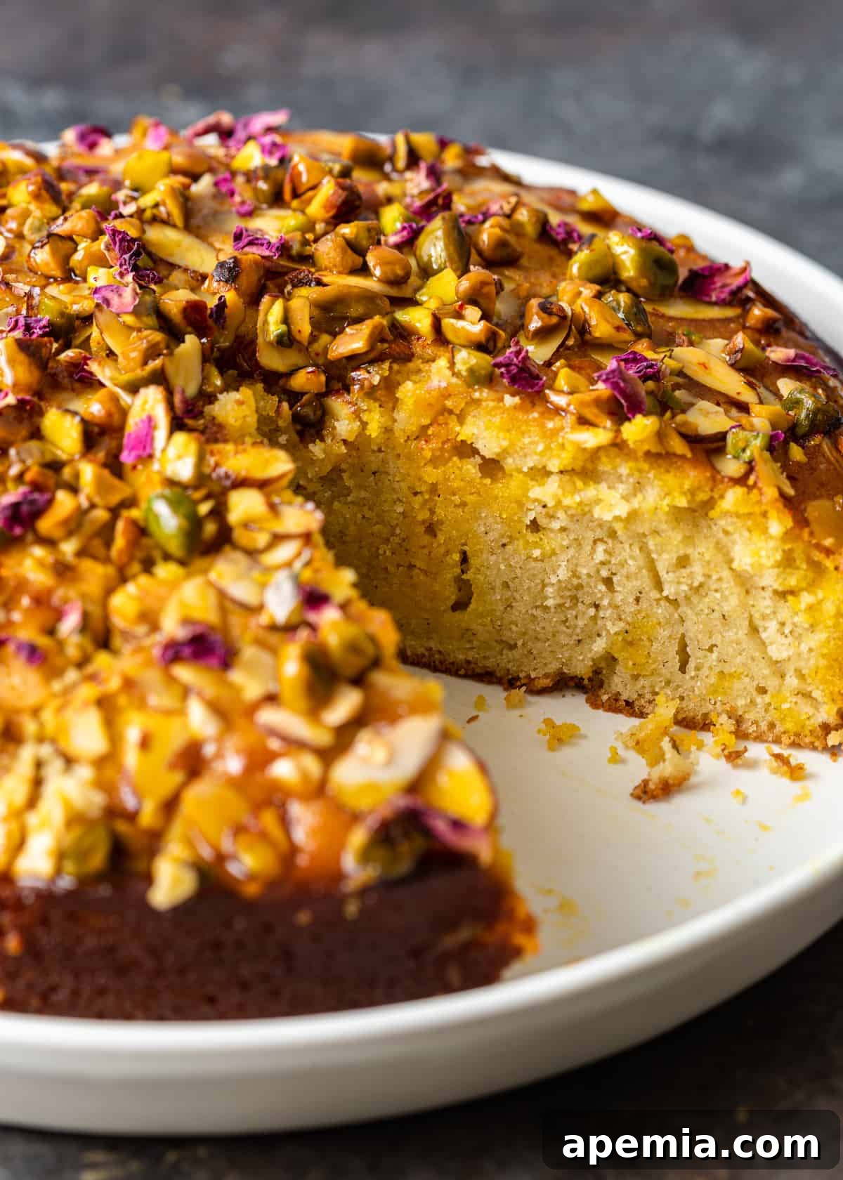 Close-up side view of a sliced Persian Love Cake with a piece removed, displaying its moist crumb and intricate layers on a white plate.