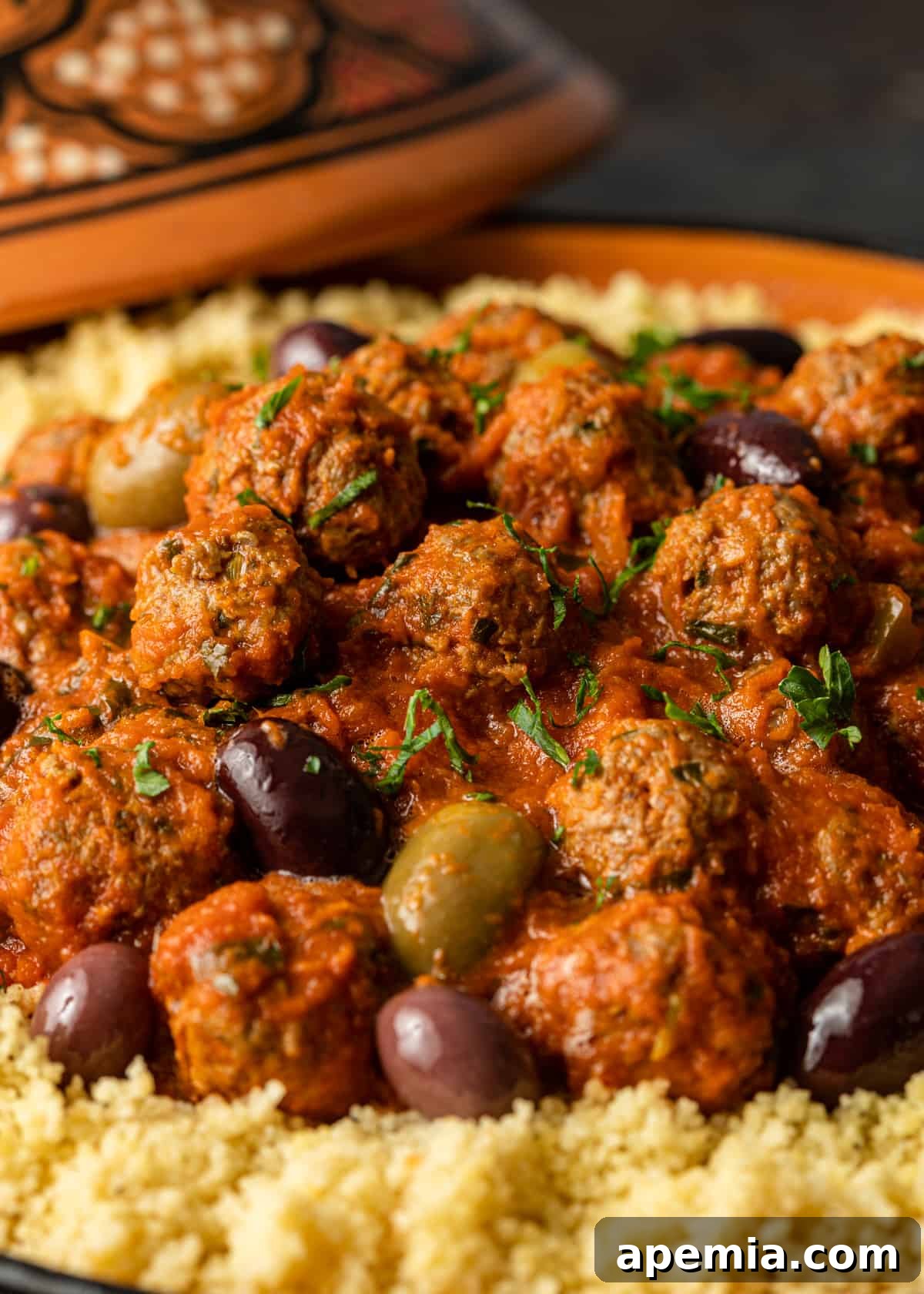 closeup: moroccan lamb meatball on a platter with sauce