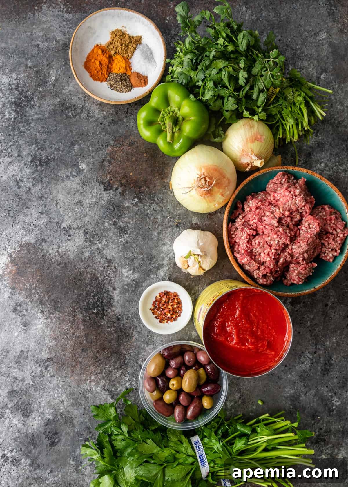 overhead: ingredients for moroccan meatball recipe laid out