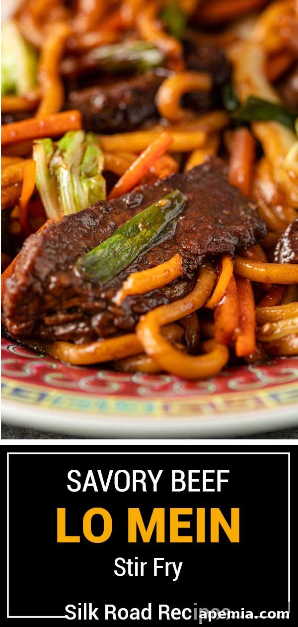 Titled image showing a savory Beef Lo Mein stir-fry in a serving bowl, garnished and ready to eat.