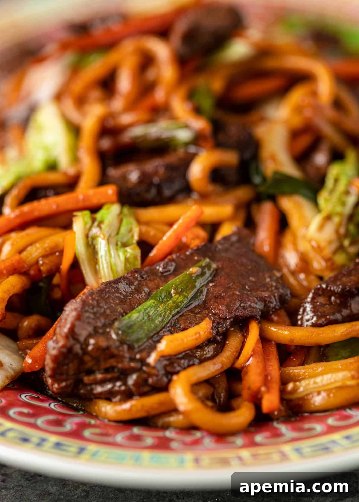 Extreme closeup of our homemade Beef Lo Mein, showing the tender flank steak, perfectly cooked noodles, and a colorful mix of vegetables coated in a glossy sauce.
