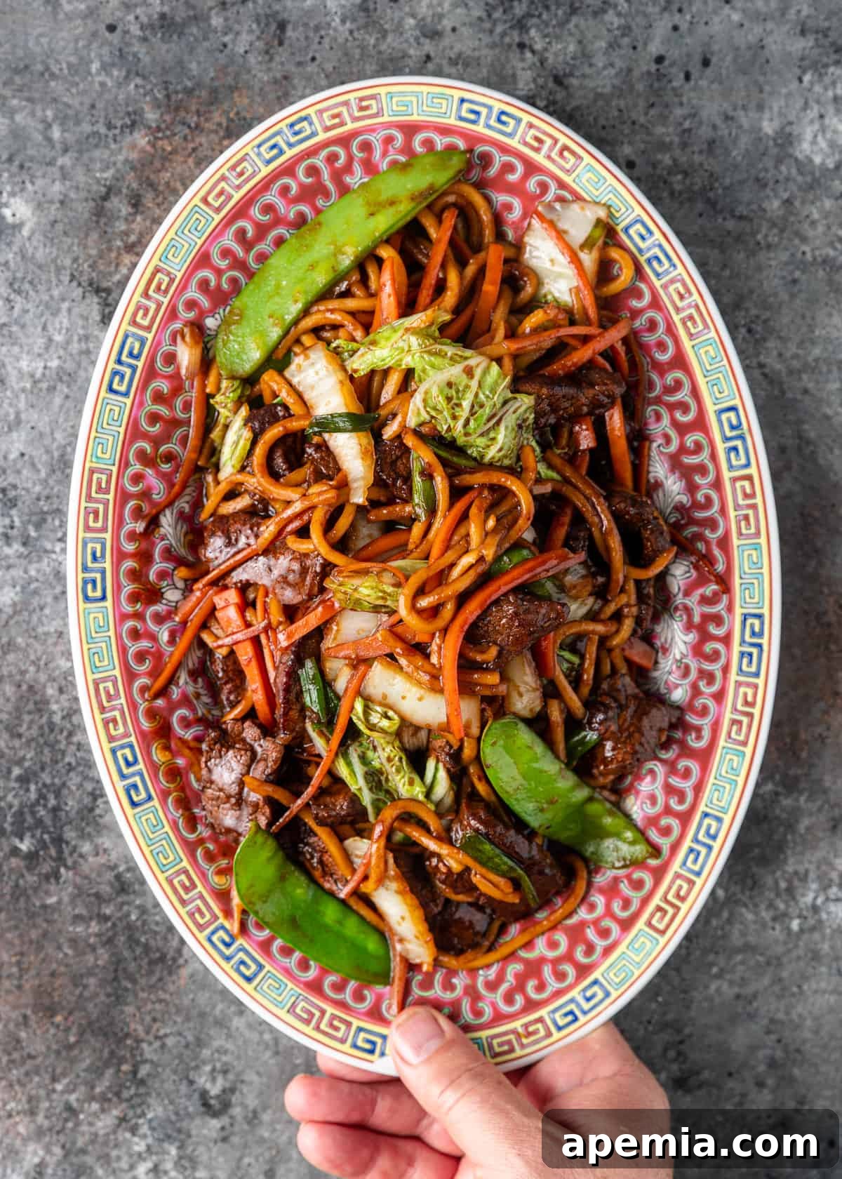 Overhead shot of a hand holding a platter of freshly made Beef Lo Mein, ready to be served and enjoyed.