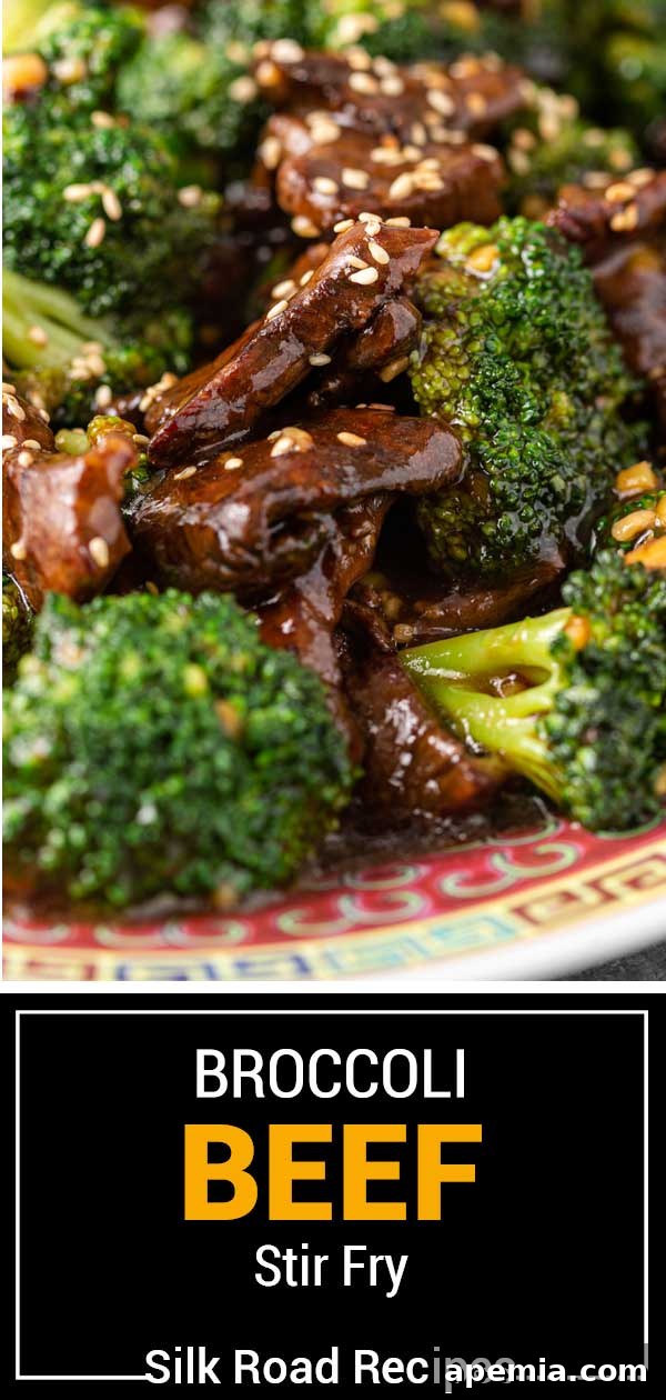 titled image showing a large platter of Broccoli Beef Stir Fry, ready to serve