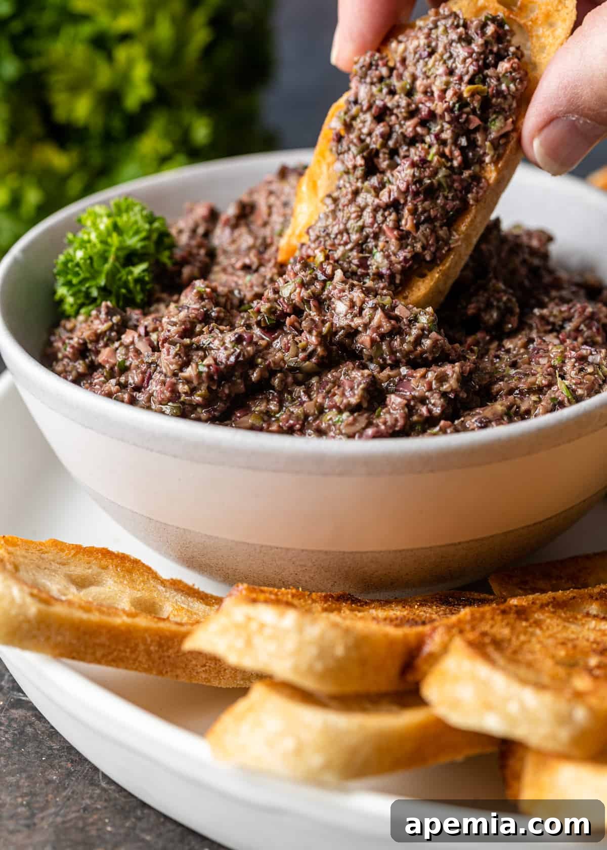 Savory Mediterranean Tapenade 3 Close-up side view of a hand dipping a slice of toasted baguette into a white bowl of olive tapenade, with more baguettes on the side.
