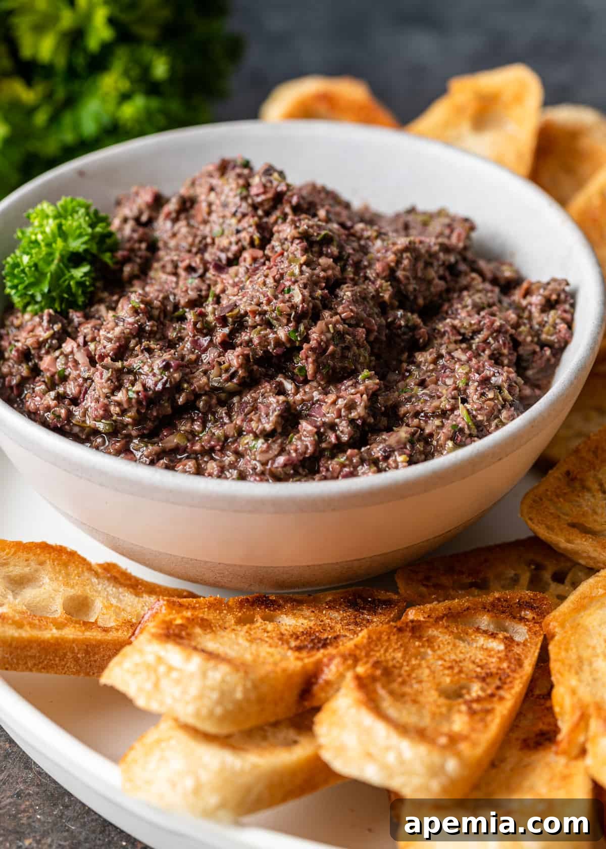 Savory Mediterranean Tapenade 9 Close-up side view of a rich, chunky olive tapenade in a pristine white bowl, presented on a matching white platter alongside an assortment of crisp baguette slices.
