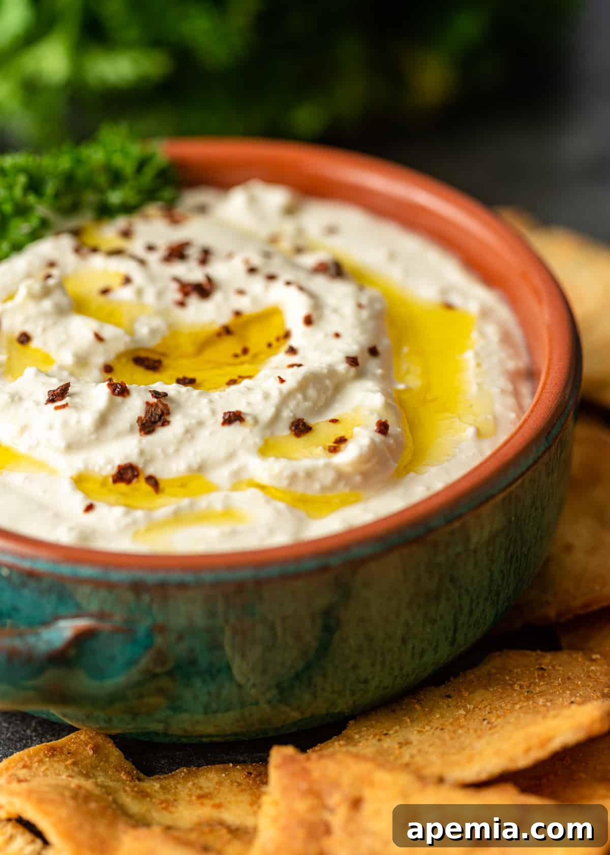 closeup side view: bowl of whipped feta
