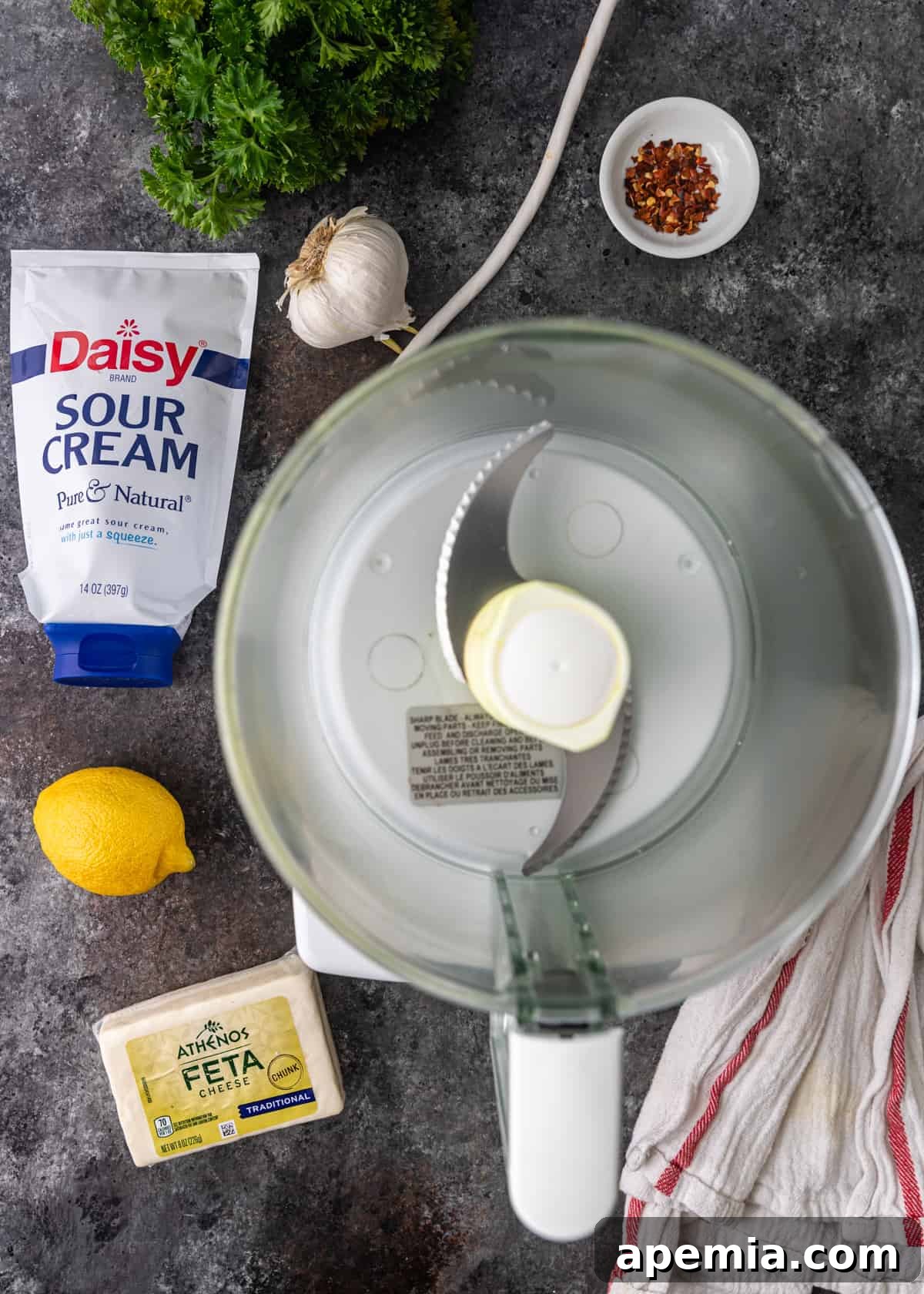 overhead process shot: ingredients to make the whipped feta recipe