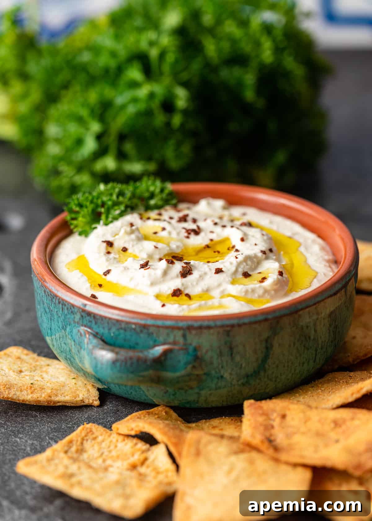 closeup side view: pita chips and bowl of whipped feta
