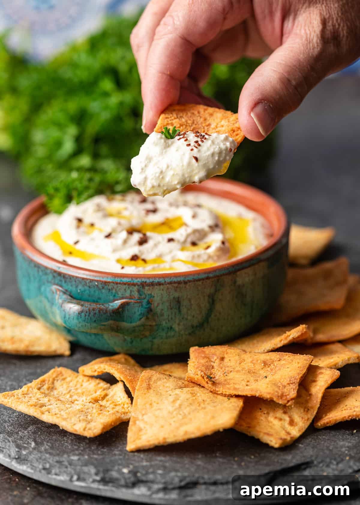 closeup side view: fingers holding pita chip with whipped feta dip over top of bowl with whipped feta and pita chips on side