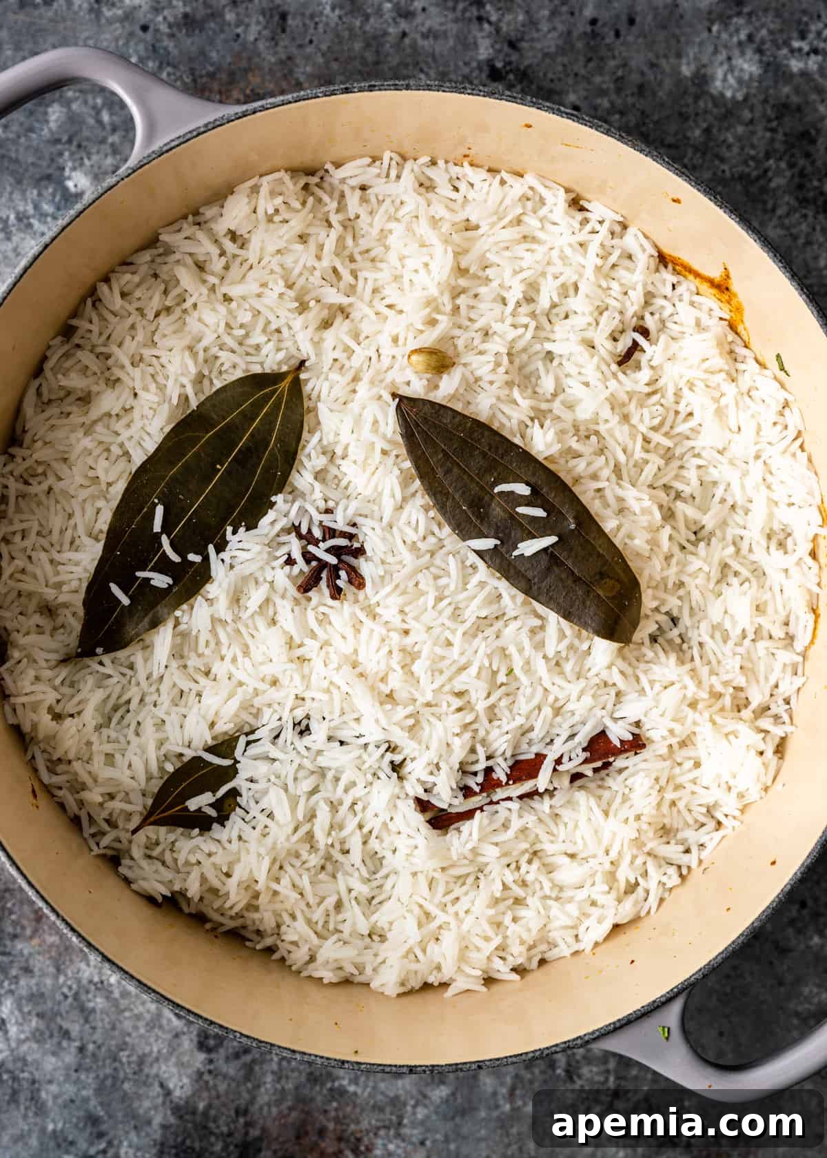 overhead process shot: my biryani recipe topped with rice