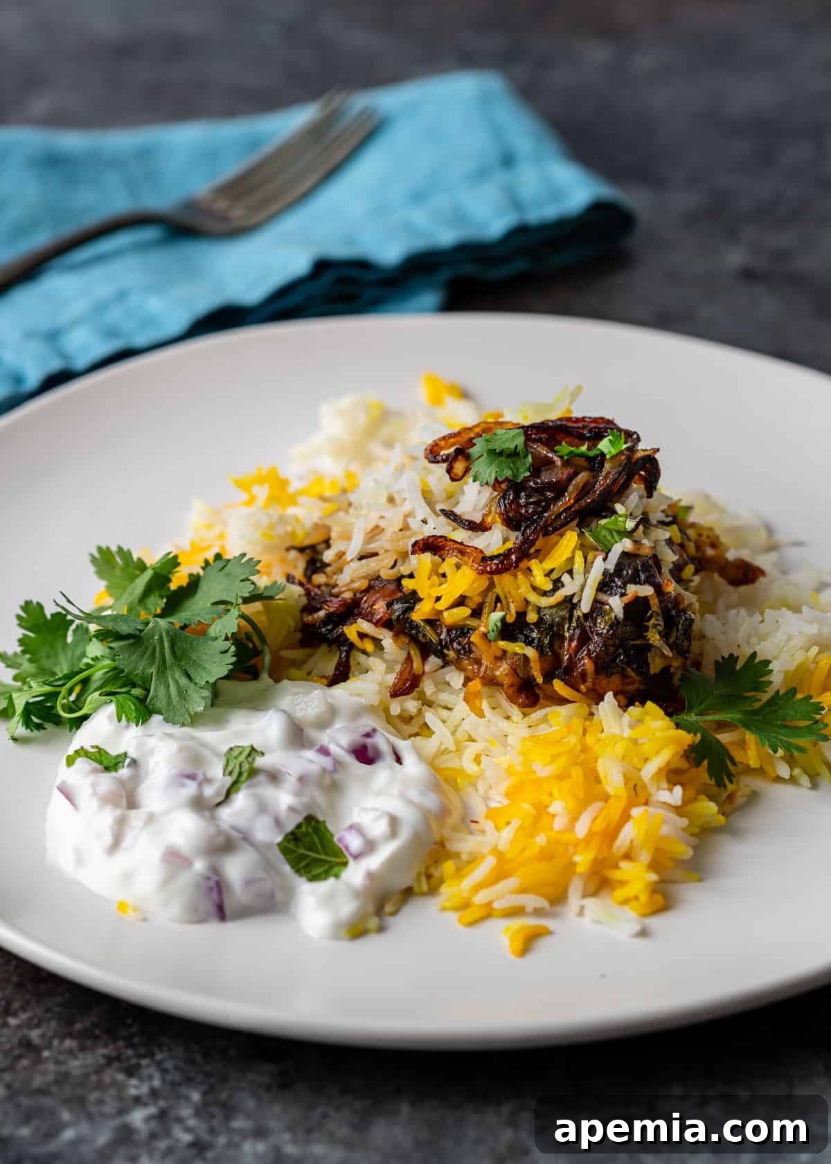 sideview: my biryani recipe on a plate