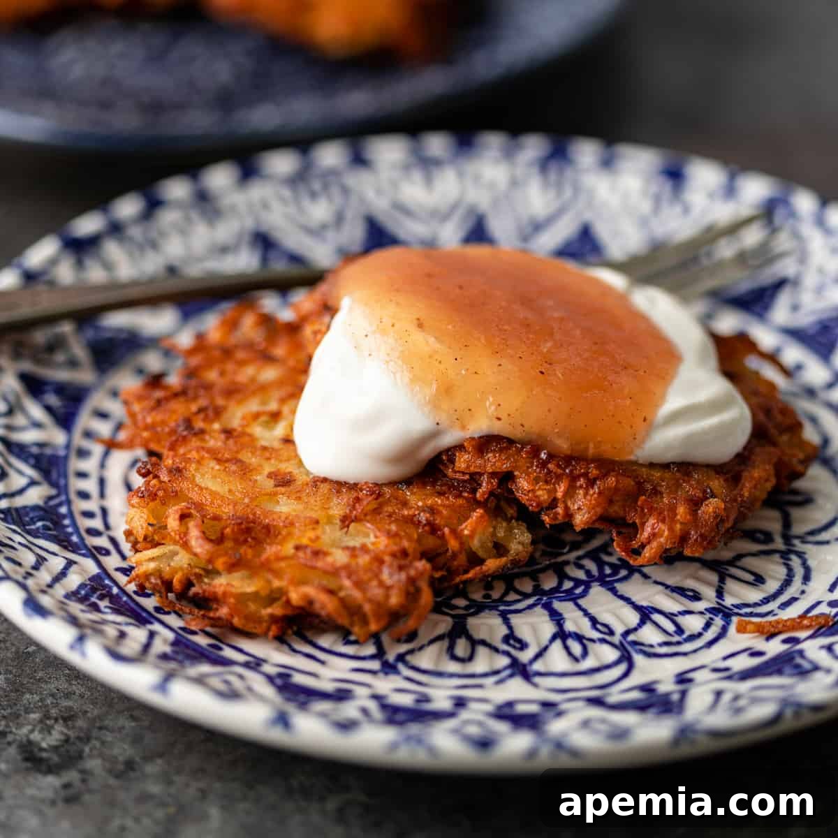 Closeup side view of two golden, crispy potato latkes garnished with fresh chives, served on an elegant blue and white plate.