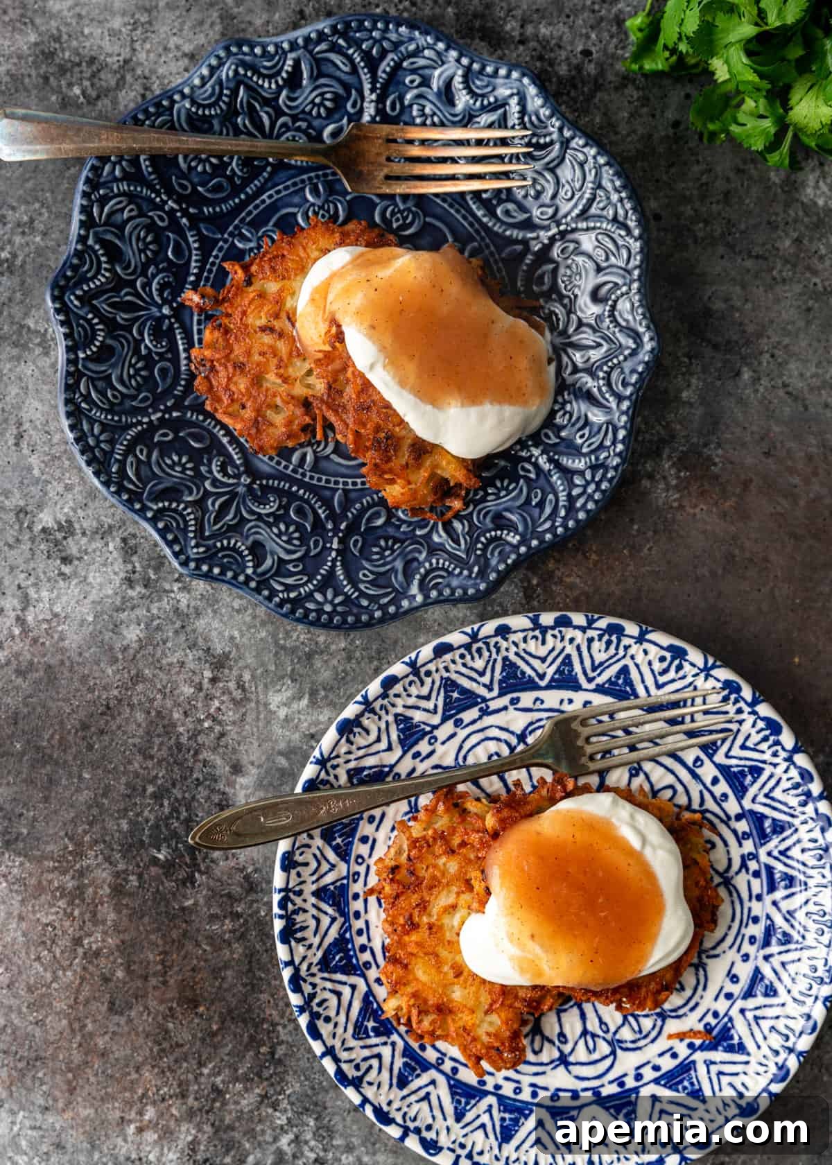 Overhead view of a perfectly plated potato pancake recipe on two separate plates, each with a fork, ready to be enjoyed.