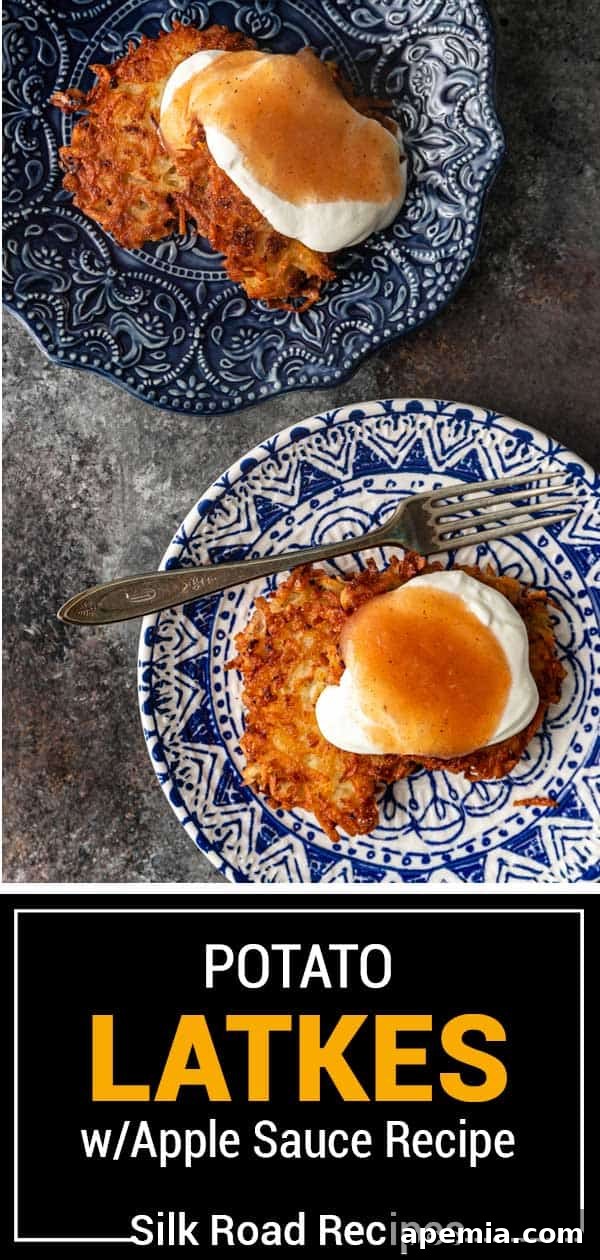 Large titled image showcasing a platter of golden, crispy Potato Latkes with a side of homemade Apple Sauce, inviting viewers to try the recipe.