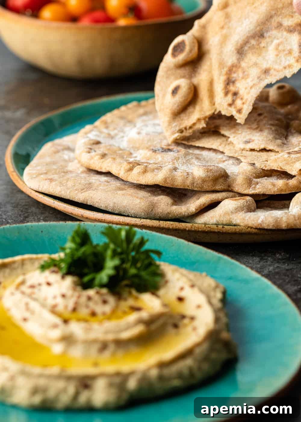 A vibrant plate of hummus, generously drizzled with olive oil and sprinkled with paprika, takes center stage, while a stack of golden, freshly baked pita bread rests invitingly on a ceramic plate in the blurred background. 