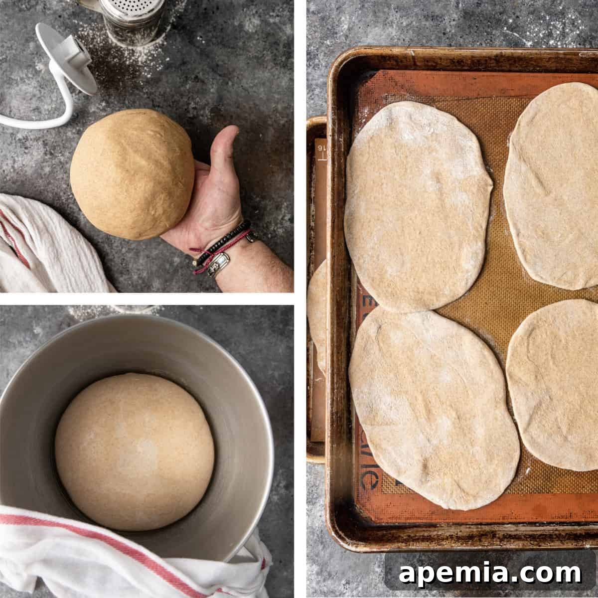 A visual sequence detailing the step-by-step process of transforming pita bread dough from a flat disc into a fully puffed pita, illustrating the magic of baking.