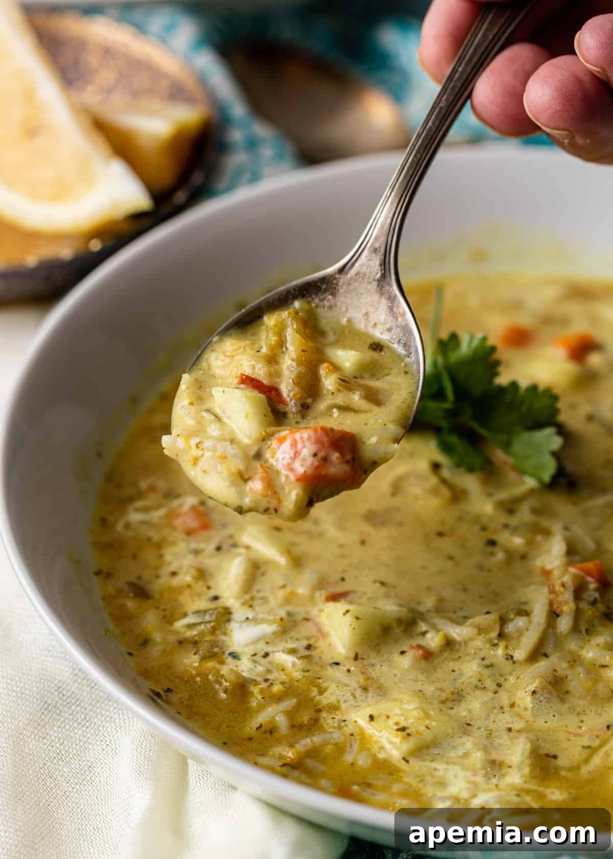 closeup side view: spoonful of mulligatawny soup over white bowl of soup