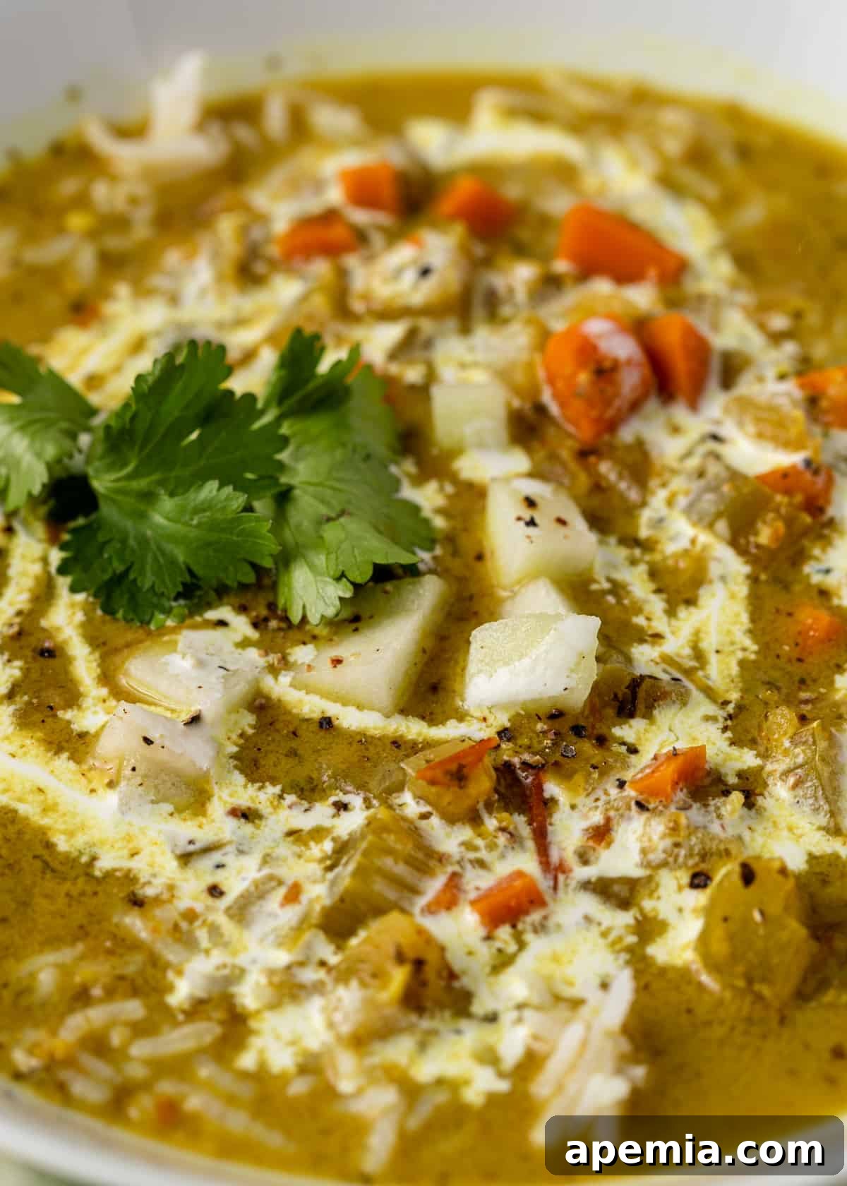 closeup: mulligatawny soup in white bowl