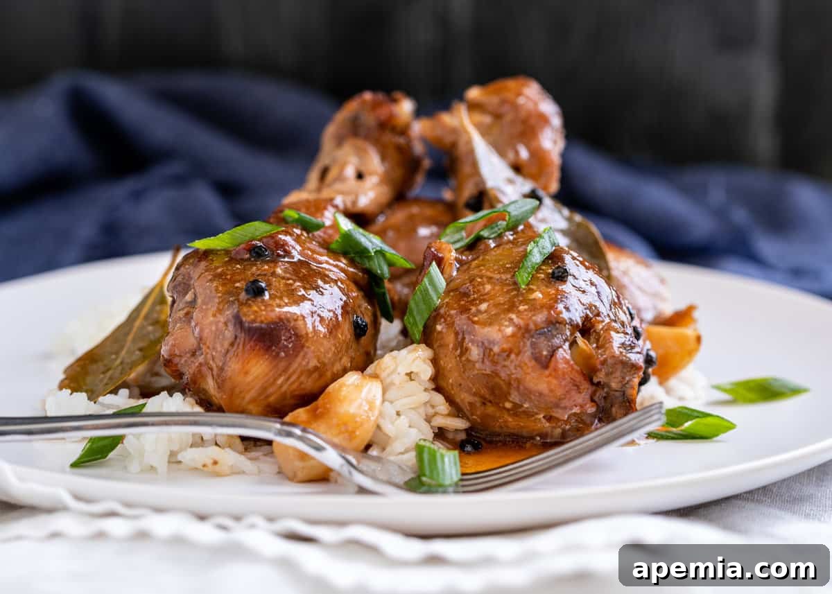 Side view of a white plate generously piled with fluffy rice, topped with savory Filipino chicken adobo and a sprinkle of chopped green onions.
