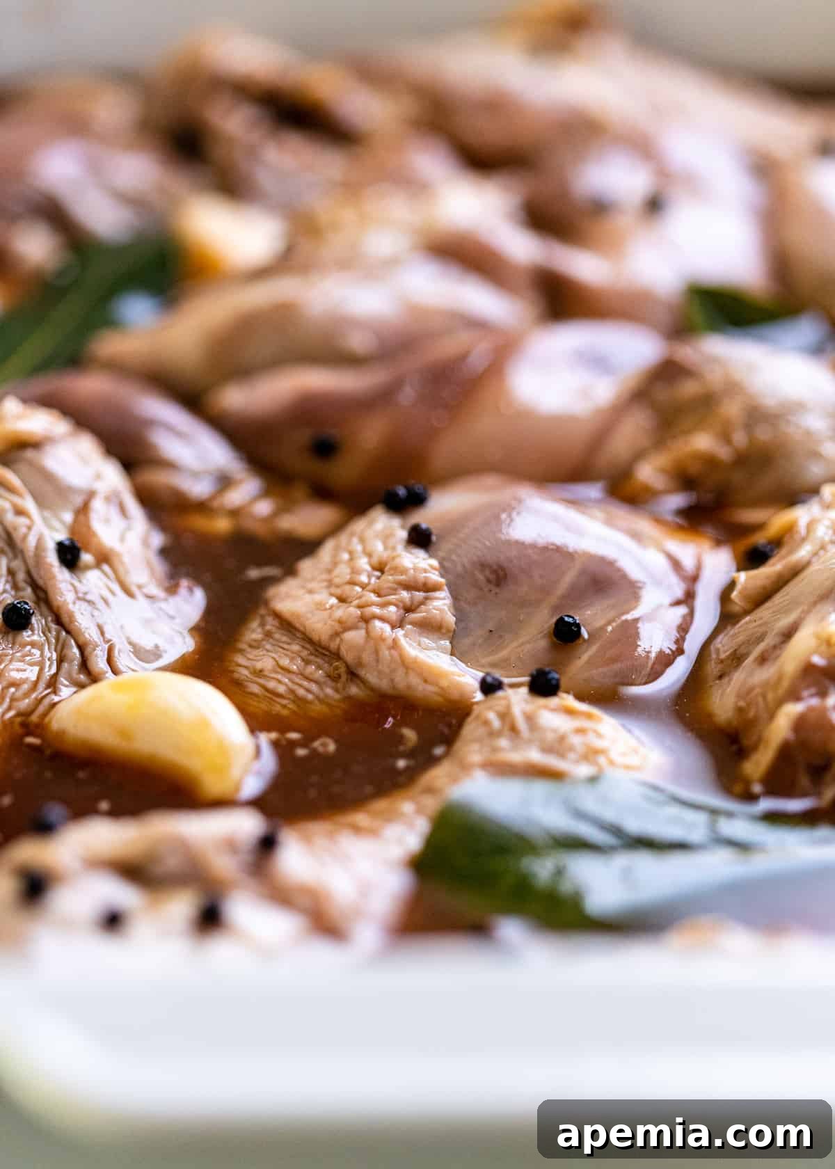 Closeup shot of chicken pieces marinating in a savory and tangy liquid inside a glass bowl, ready to be cooked into delicious adobo.