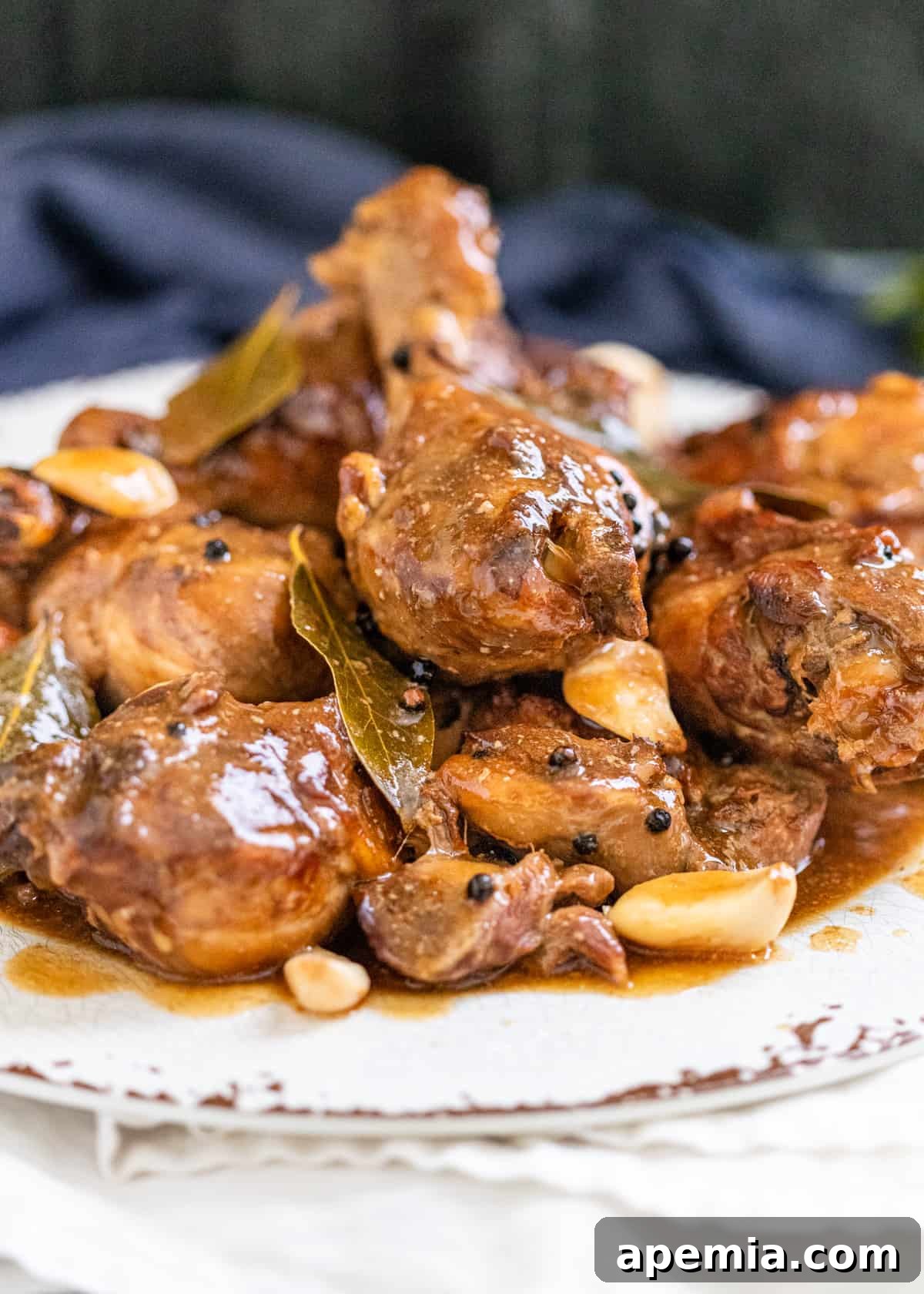 Close-up of a serving of Filipino Chicken Adobo on a plate, showcasing the rich, glossy sauce and tender chicken pieces.