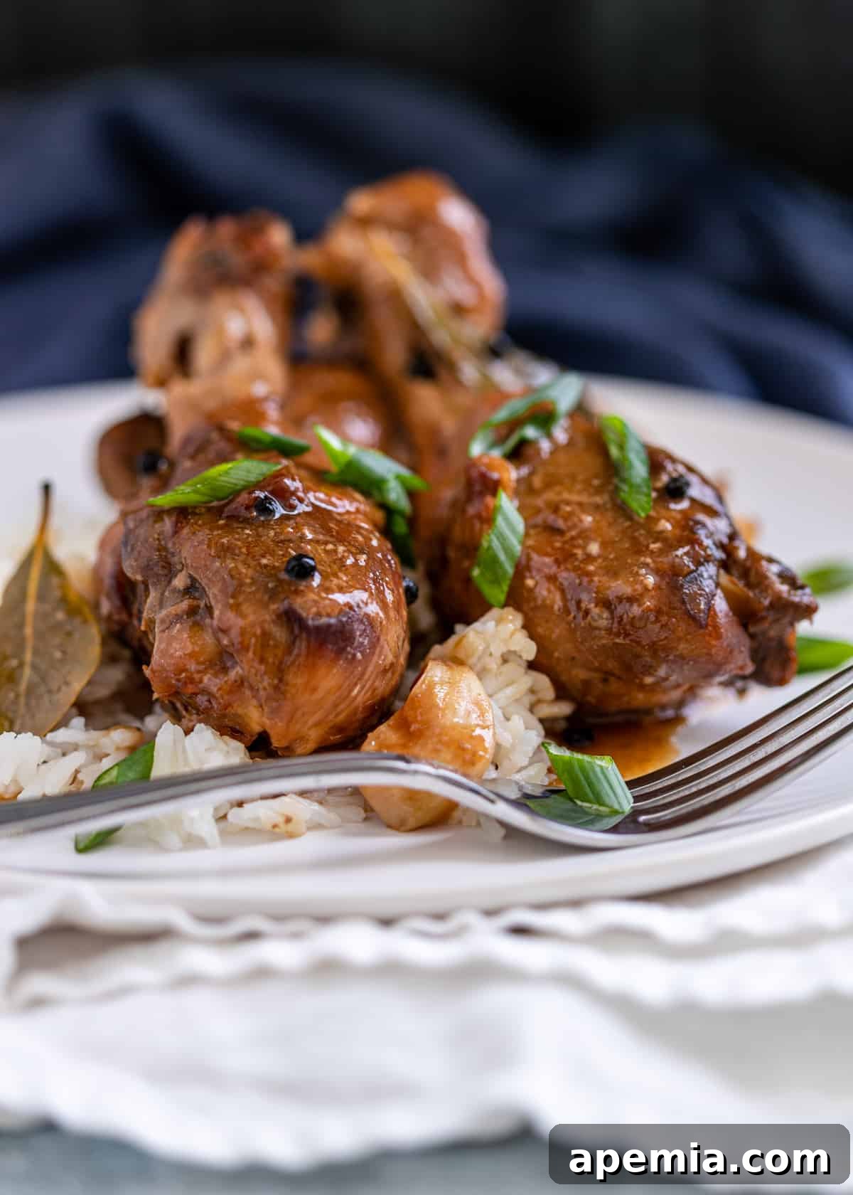 Closeup side view of a ready-to-serve Filipino chicken adobo recipe on a white plate with a fork, highlighting its rich texture and sauce.