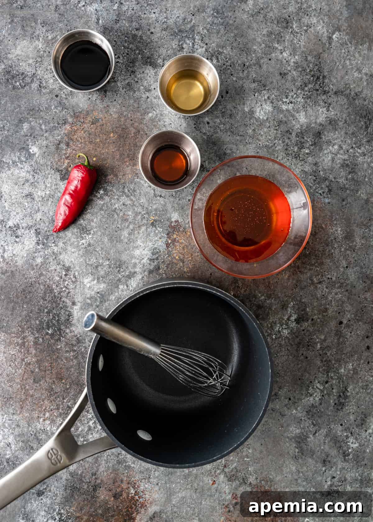 overhead: ingredients to make the sauce for the honey chicken recipe