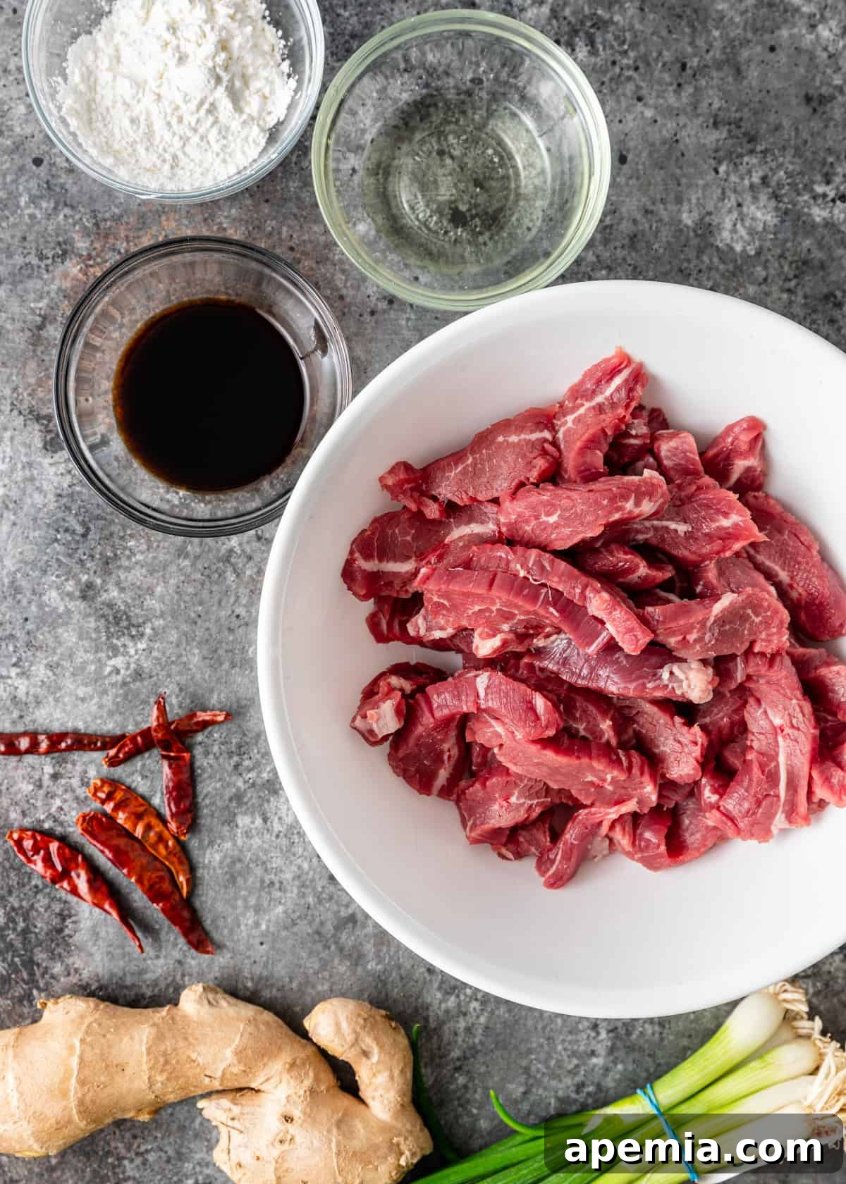 overhead: ingredients to make mongolian beef recipe