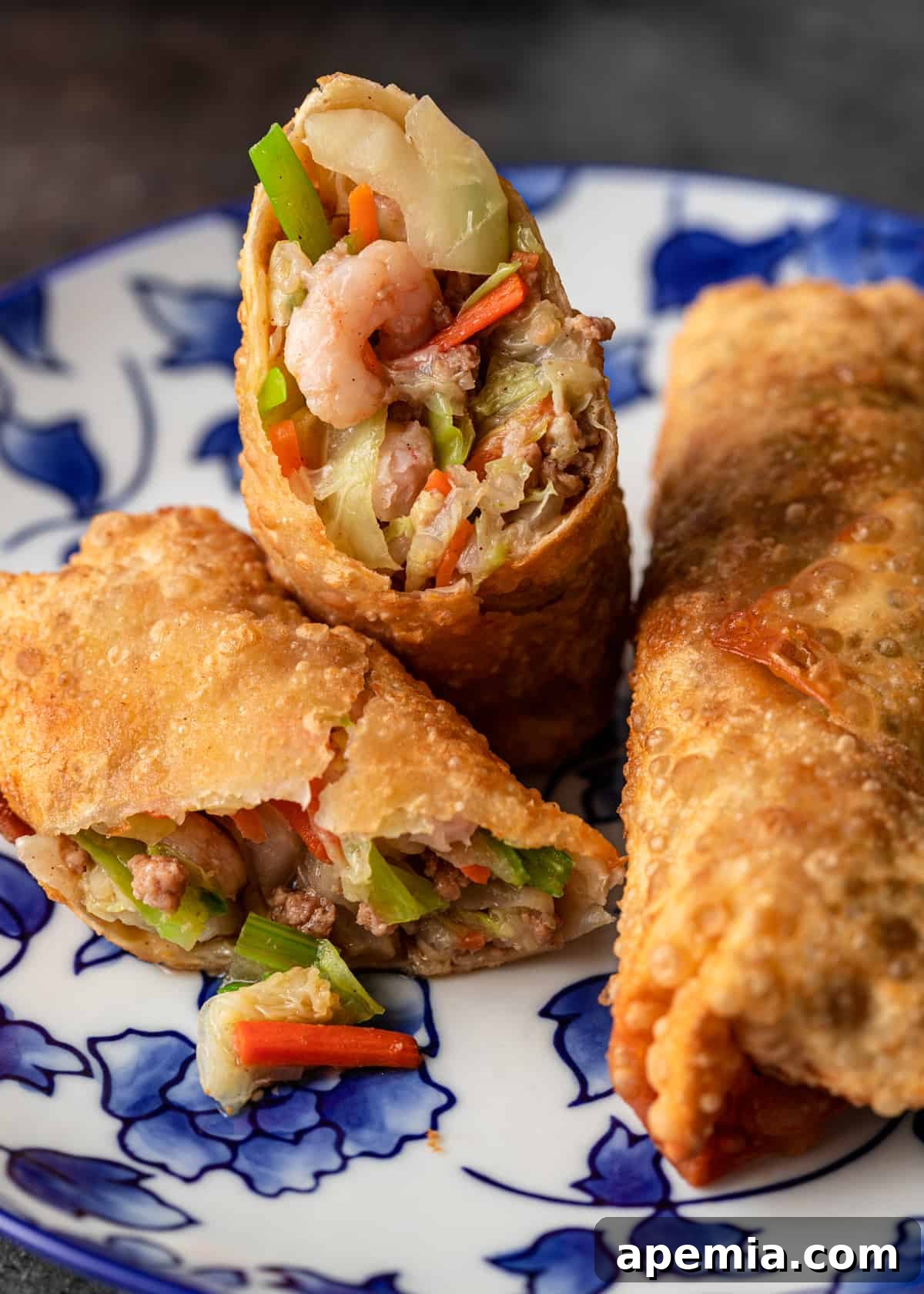 Perfectly Crispy Egg Rolls 12 closeup: crispy egg rolls on blue and white plate