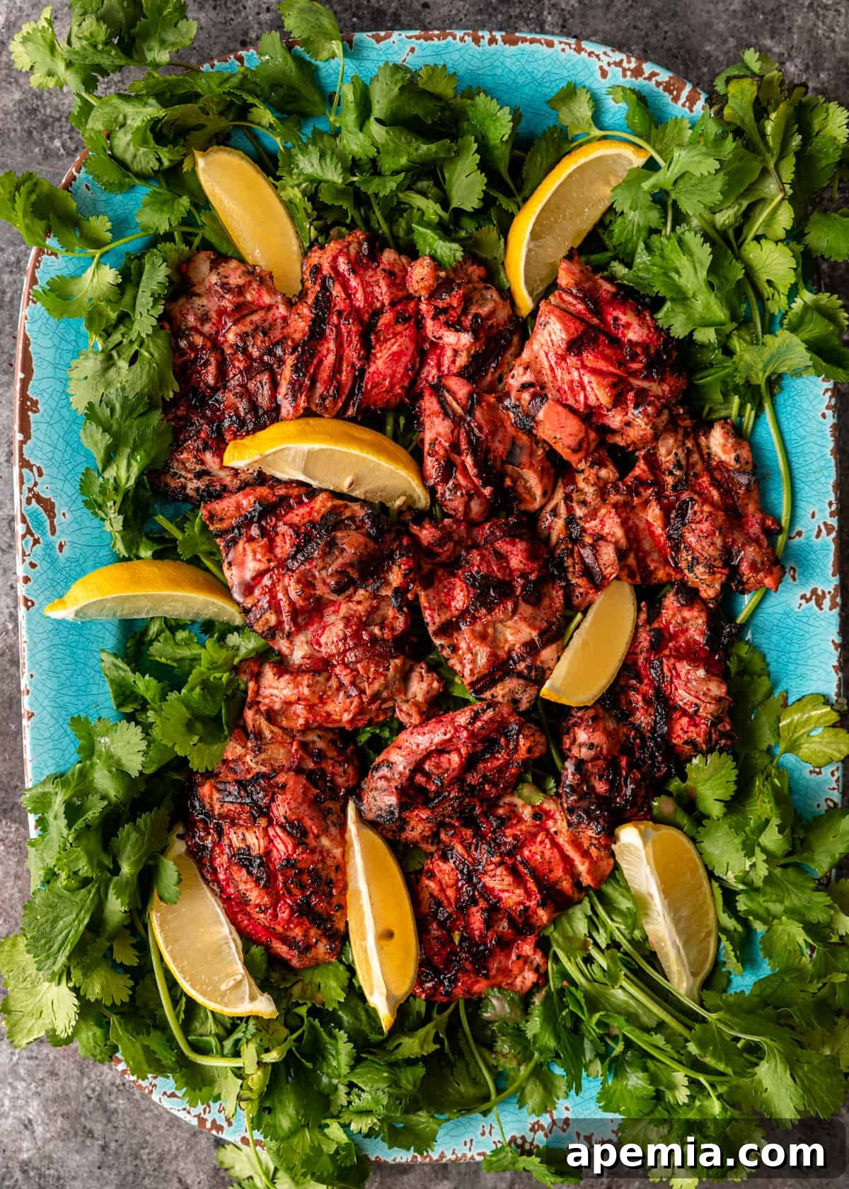 Overhead view of a serving platter filled with succulent Tandoori Chicken, garnished with fresh herbs and lemon