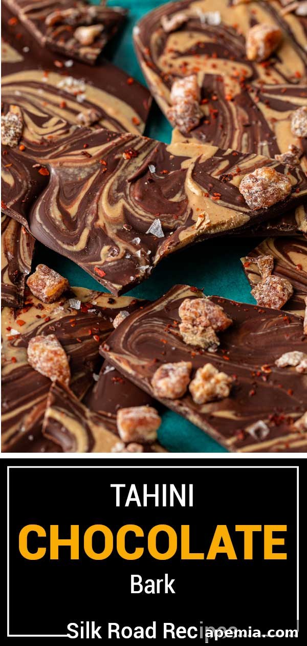 Large, appealing image of the finished Tahini Chocolate Bark, perfect for sharing on social media like Pinterest.